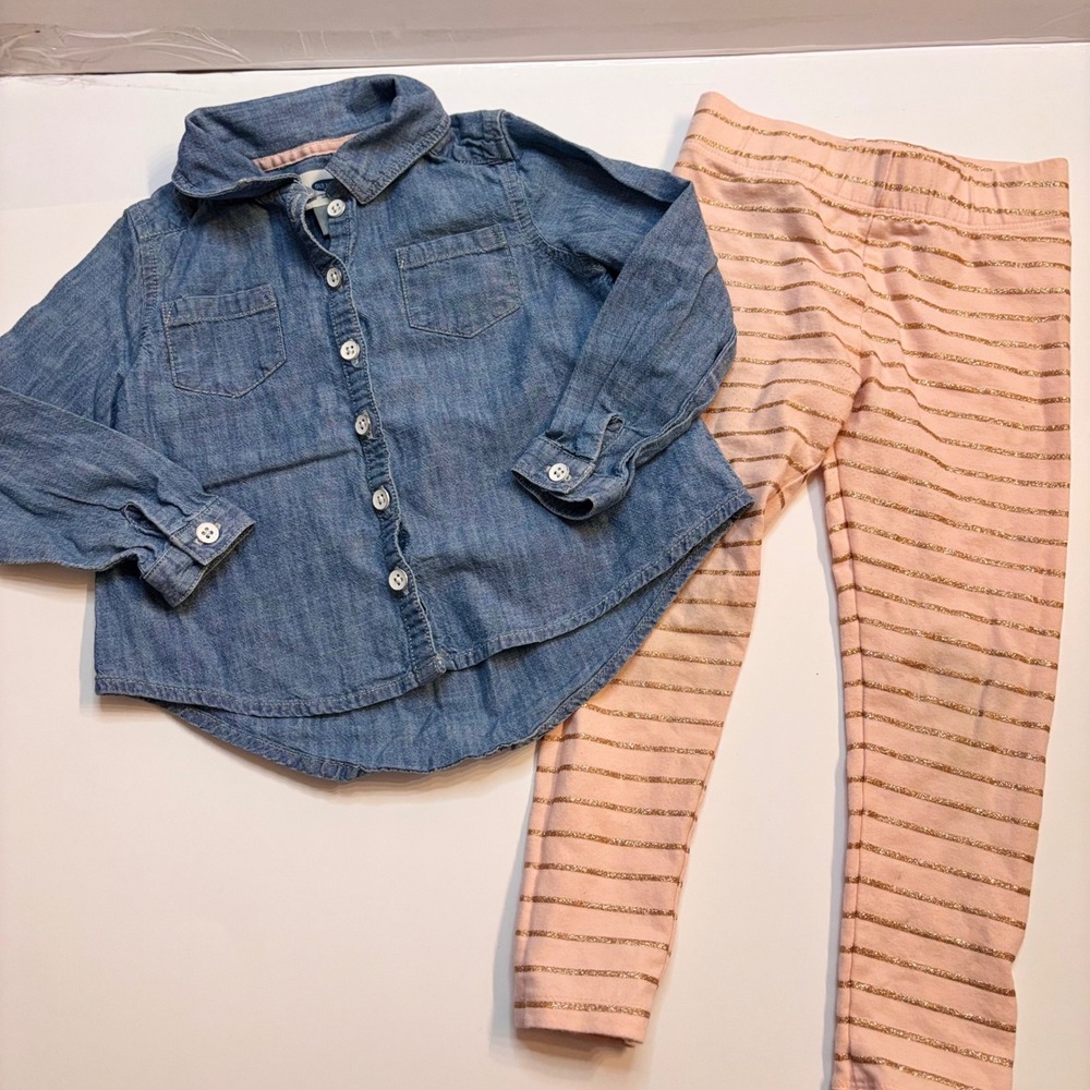 Old‎ Navy Denim Chambray Shirt & Pink Gold Stripe Leggings Set Toddler 3T